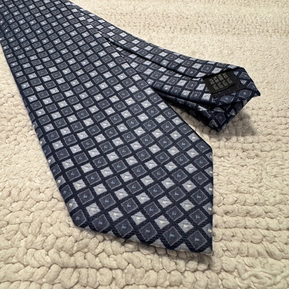 Yves Saint‎ Laurent Tie Blue Silk Geometric Check Luxury Designer Business Italy
